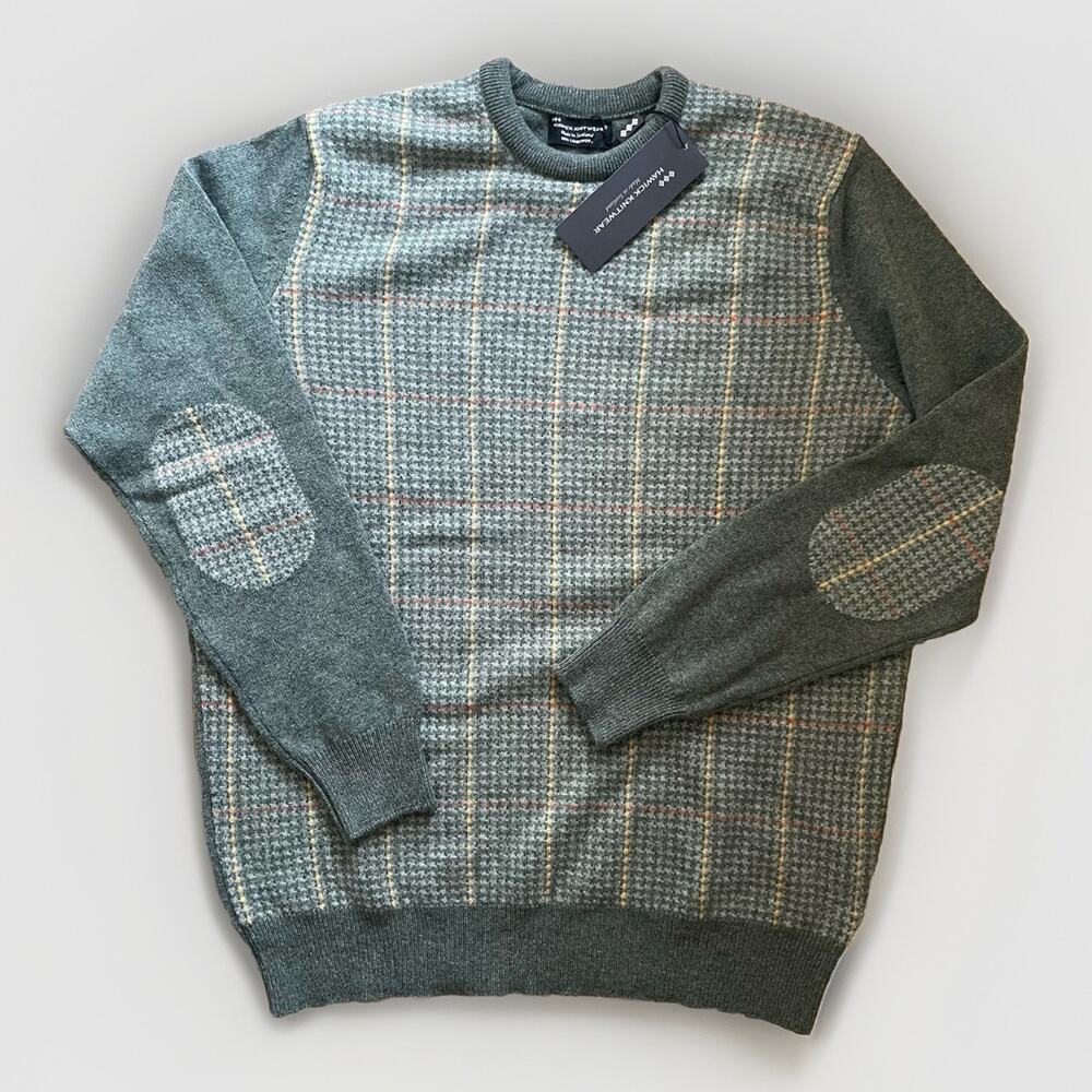 Hawick Scotland 100% Lambswool Sweater Jumper Large Green Elbow Patches NWT